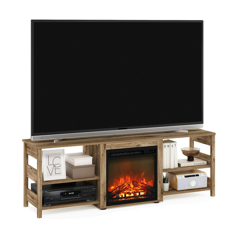 Start2Finish Classic 70 Inch TV Stand with fireplace in Flagstaff Oak, featuring storage cabinets and a modern design.