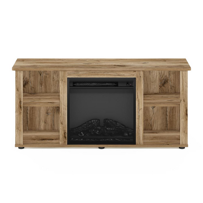 Jensen entertainment center TV stand with fireplace in Flagstaff Oak finish, featuring storage compartments and a modern design.