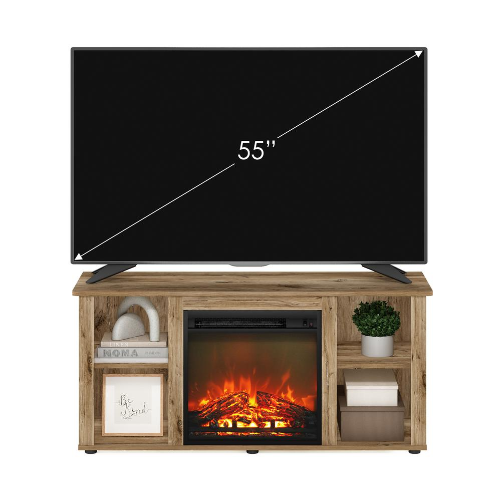 Start2Finish Jensen Entertainment Center TV stand with fireplace in Flagstaff Oak finish, featuring storage cabinets and a cozy electric fireplace.
