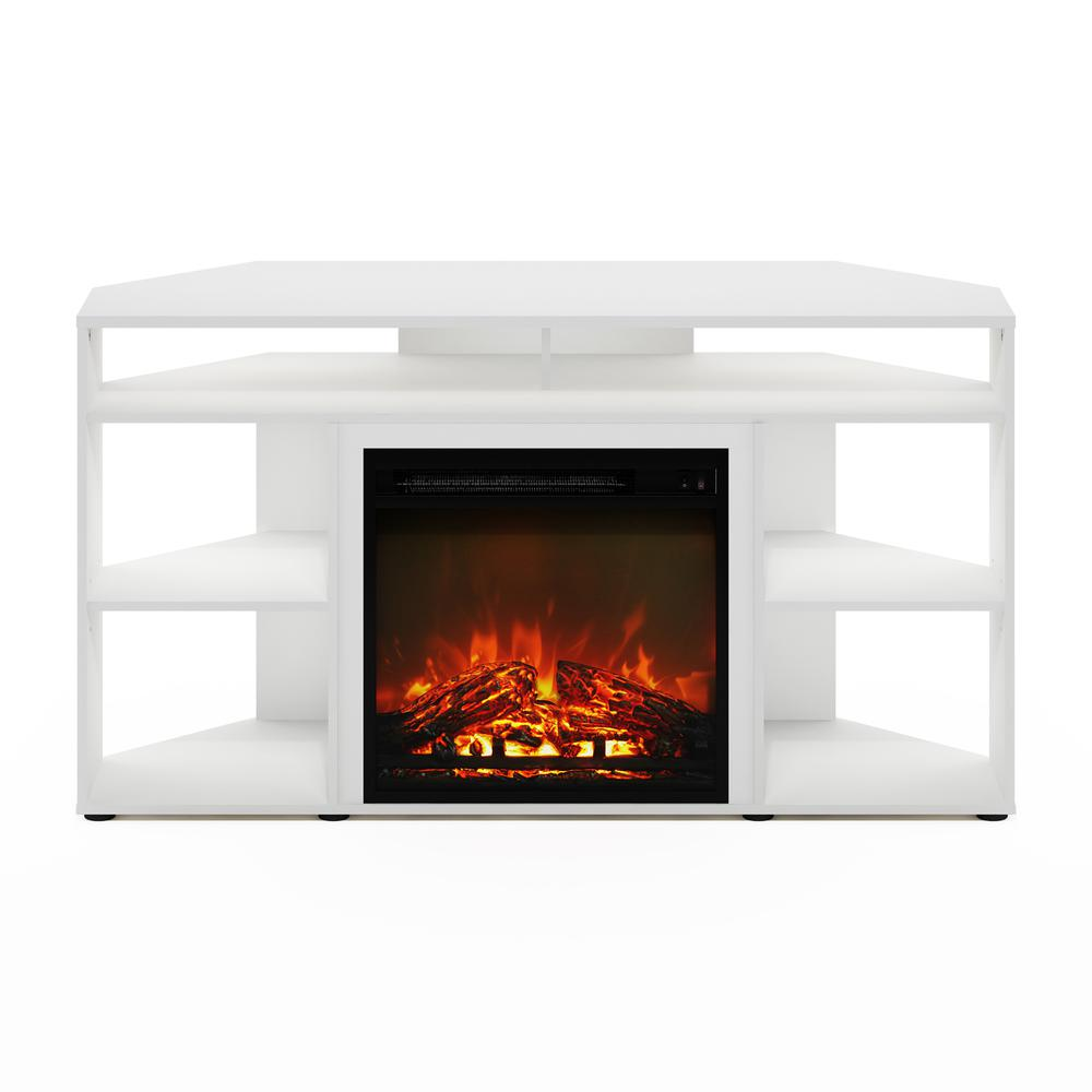 Start2Finish Jensen corner TV stand with fireplace, white finish, designed for TVs up to 55 inches, with storage and modern style.