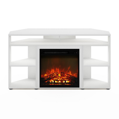 Start2Finish Jensen corner TV stand with fireplace, white finish, designed for TVs up to 55 inches, with storage and modern style.