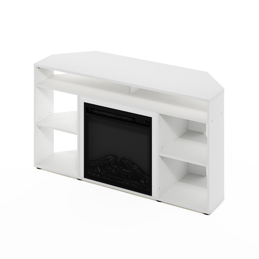 Start2Finish Jensen corner TV stand with fireplace, white finish, designed for TVs up to 55 inches, featuring modern storage compartments.