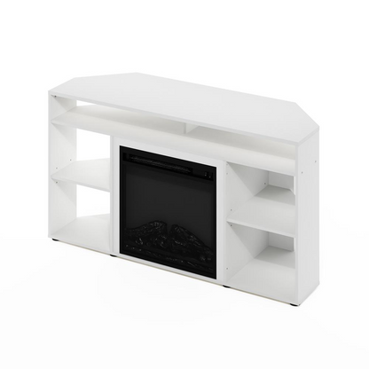 Start2Finish Jensen corner TV stand with fireplace, white finish, designed for TVs up to 55 inches, featuring modern storage compartments.