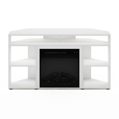 Start2Finish Jensen corner TV stand with fireplace, solid white, fits TVs up to 55 inches, modern entertainment furniture