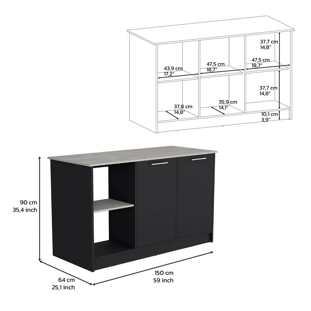 Start2Finish kitchen island with large countertop, open storage shelves, and double door cabinet for versatile kitchen organization.