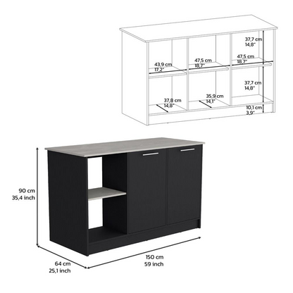Start2Finish kitchen island with large countertop, open storage shelves, and double door cabinet for versatile kitchen organization.