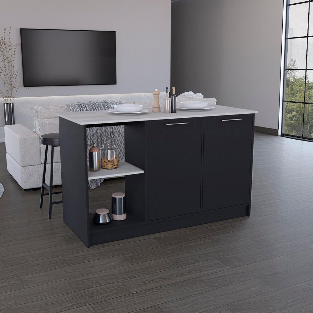 Start2Finish kitchen island with large countertop, open shelves, and double door cabinet for kitchen storage and workspace.