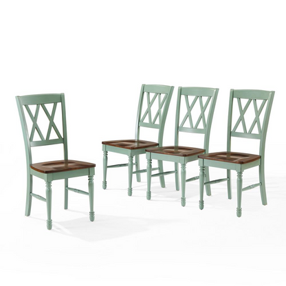 Set of four Shelby dining chairs by Start2Finish, featuring modern design with cushioned seats and sleek wooden legs.