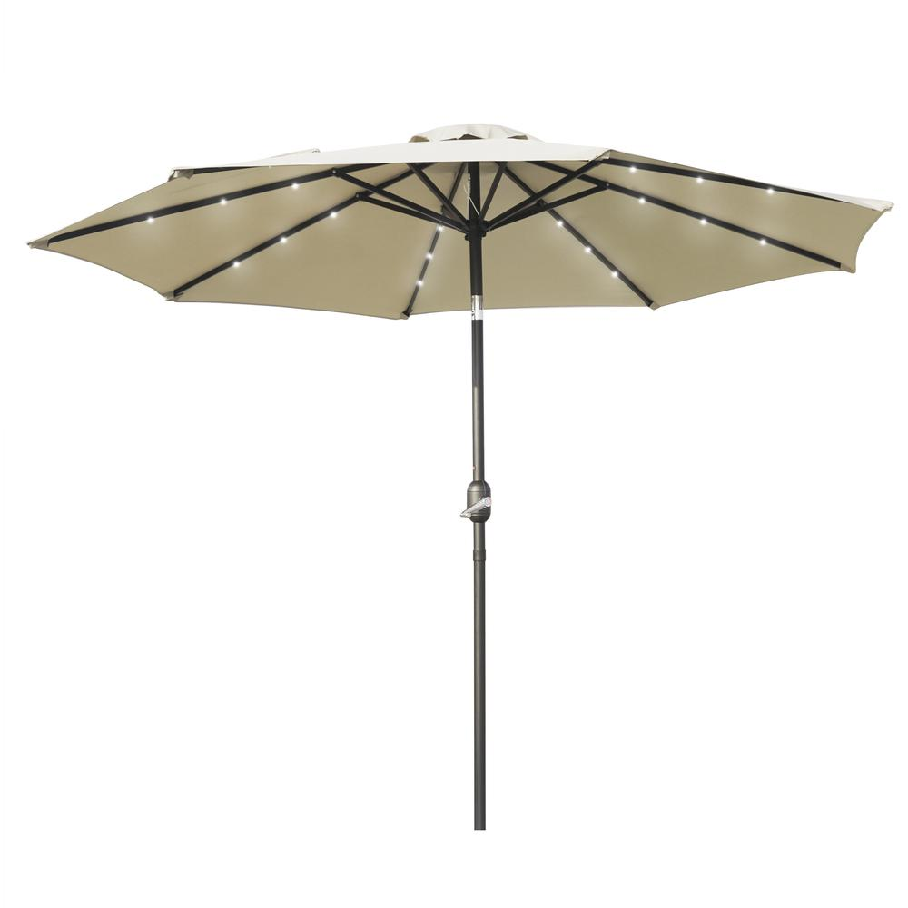 Start2Finish Sierra 9-foot outdoor patio tilt market umbrella with solar LED lights, featuring a sturdy frame and adjustable tilt.