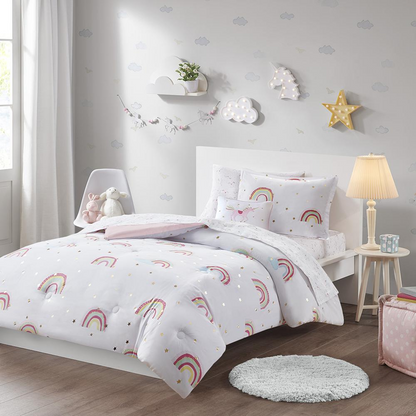 Start2Finish rainbow and metallic stars bedding comforter set with matching bed sheets, featuring colorful star patterns.