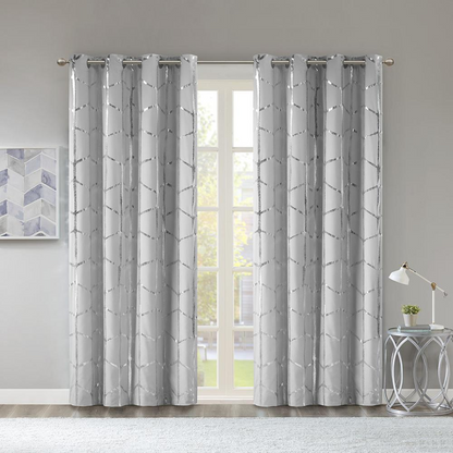 Start2Finish Total Blackout metallic print grommet top curtain panels, pair, with sleek black and metallic design, ideal for home window decor.