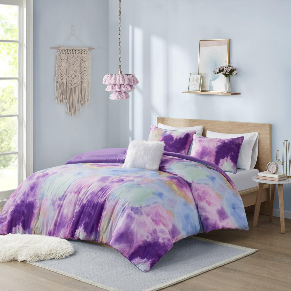 Start2Finish watercolor tie dye comforter set with matching throw pillow showcasing vibrant, colorful printed fabric on bed.