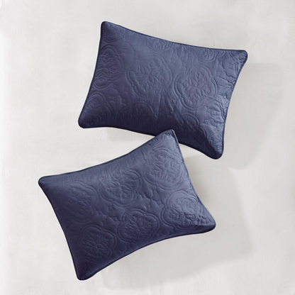 Start2Finish Oakley 3-piece reversible navy bedspread set with matching pillow shams, featuring a stylish and comfortable design.