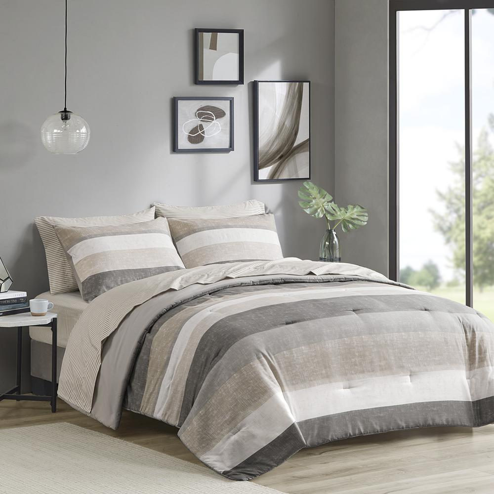 Start2Finish Jaxon Stripe Comforter Set with bed sheets in taupe and grey, featuring a stylish striped design on the bedding.