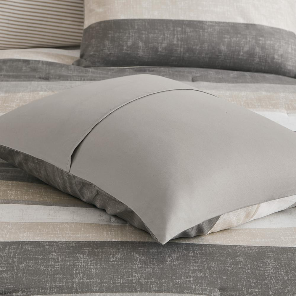 Start2Finish Jaxon Stripe comforter set with taupe and grey bed sheets, featuring a cozy, stylish bedding ensemble.