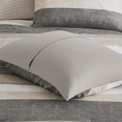 Start2Finish Jaxon Stripe comforter set with taupe and grey bed sheets, featuring a cozy, stylish bedding ensemble.