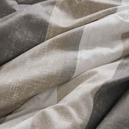 Start2Finish Jaxon Stripe Comforter Set with Bed Sheets in taupe and grey, featuring a modern striped pattern on the comforter fabric.