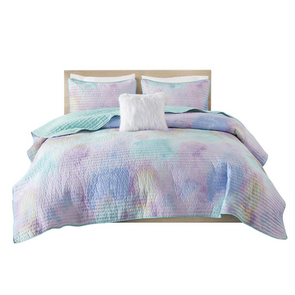 Watercolor tie-dye printed quilt set with matching throw pillow, vibrant bedding by Start2Finish.