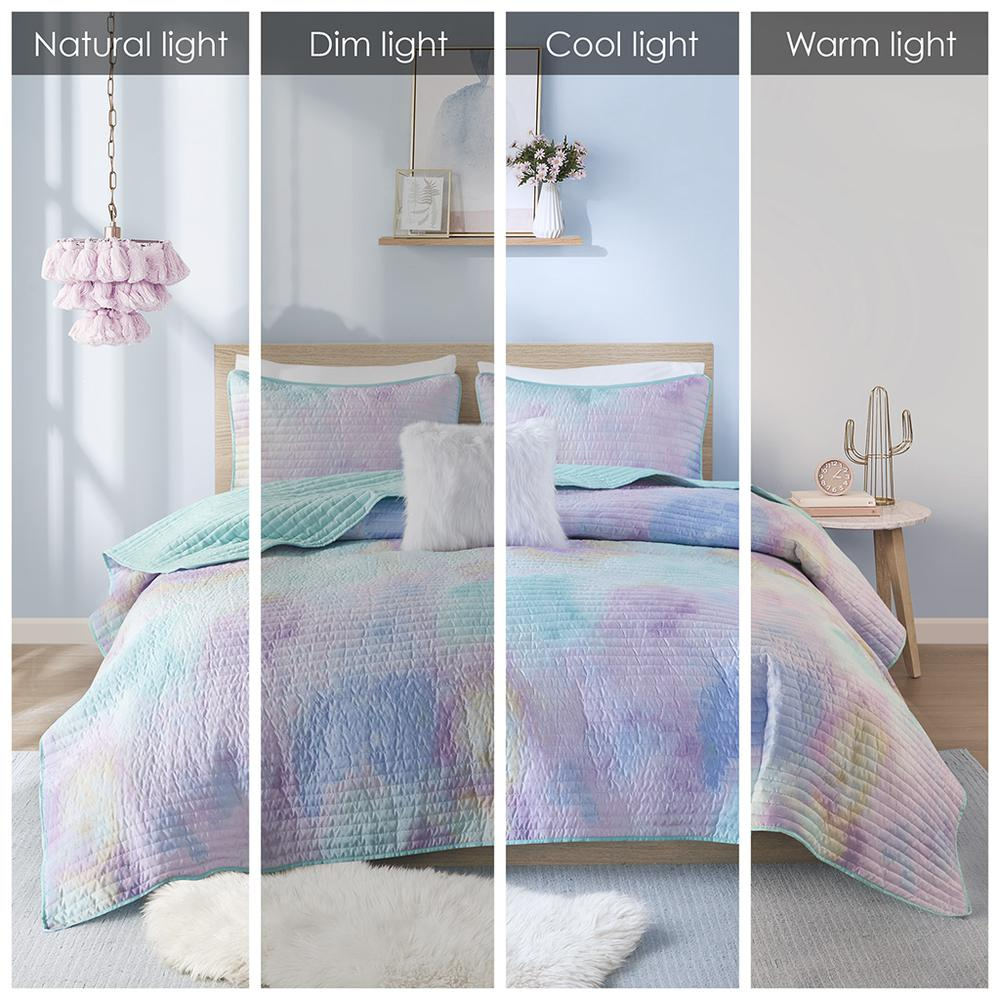 Start2Finish watercolor tie dye quilt set with matching throw pillow, vibrant bedding with colorful, artistic tie dye print.