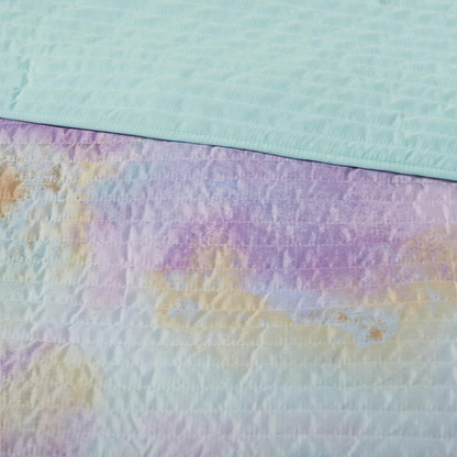 Watercolor tie dye printed quilt set with matching throw pillow, vibrant bedding by Start2Finish, colorful and cozy for bedroom decor.