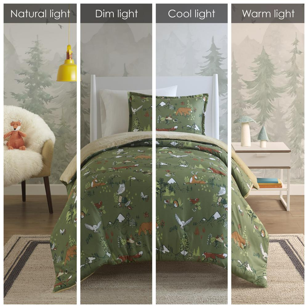 Forest animals plush reversible comforter set for bedding, featuring colorful woodland animal designs on soft fabric.