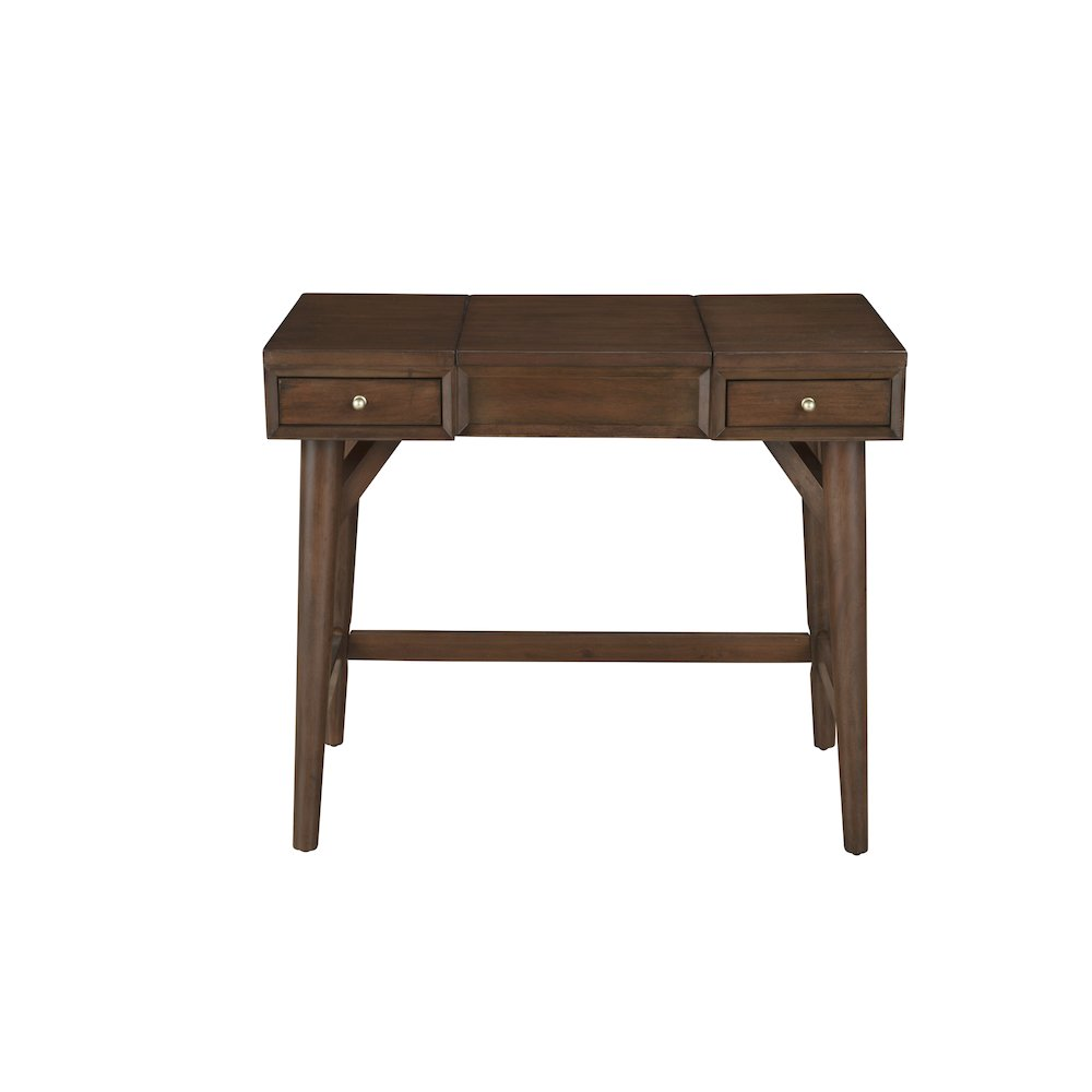 Start2Finish Flynn Walnut Bedroom Vanity with mirror, featuring a sleek wooden design and spacious top surface for jewelry and accessories.