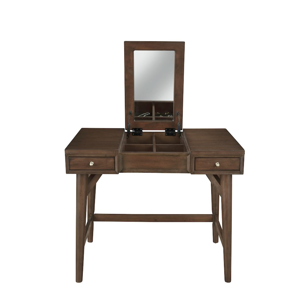 Walnut Flynn Bedroom Vanity by Start2Finish featuring a sleek tabletop, mirror, and storage drawers in a modern bedroom setting.