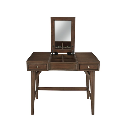 Walnut Flynn Bedroom Vanity by Start2Finish featuring a sleek tabletop, mirror, and storage drawers in a modern bedroom setting.
