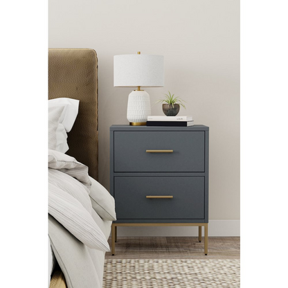 Start2Finish Madelyn Two Drawer Nightstand in slate gray with sleek wood finish and modern metal handles.