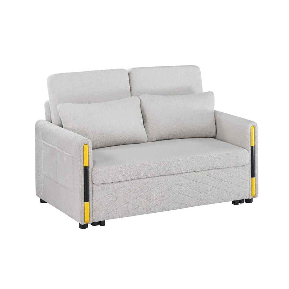 Beige Teddy Velvet Sleeper Loveseat with side pockets by Start2Finish, showing plush velvet fabric and cozy design.