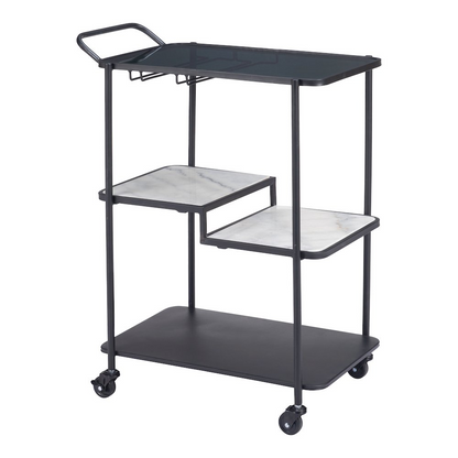Start2Finish Constanza Black Bar Cart with metal frame, wheels, and multiple shelves for stylish beverage and accessory storage.
