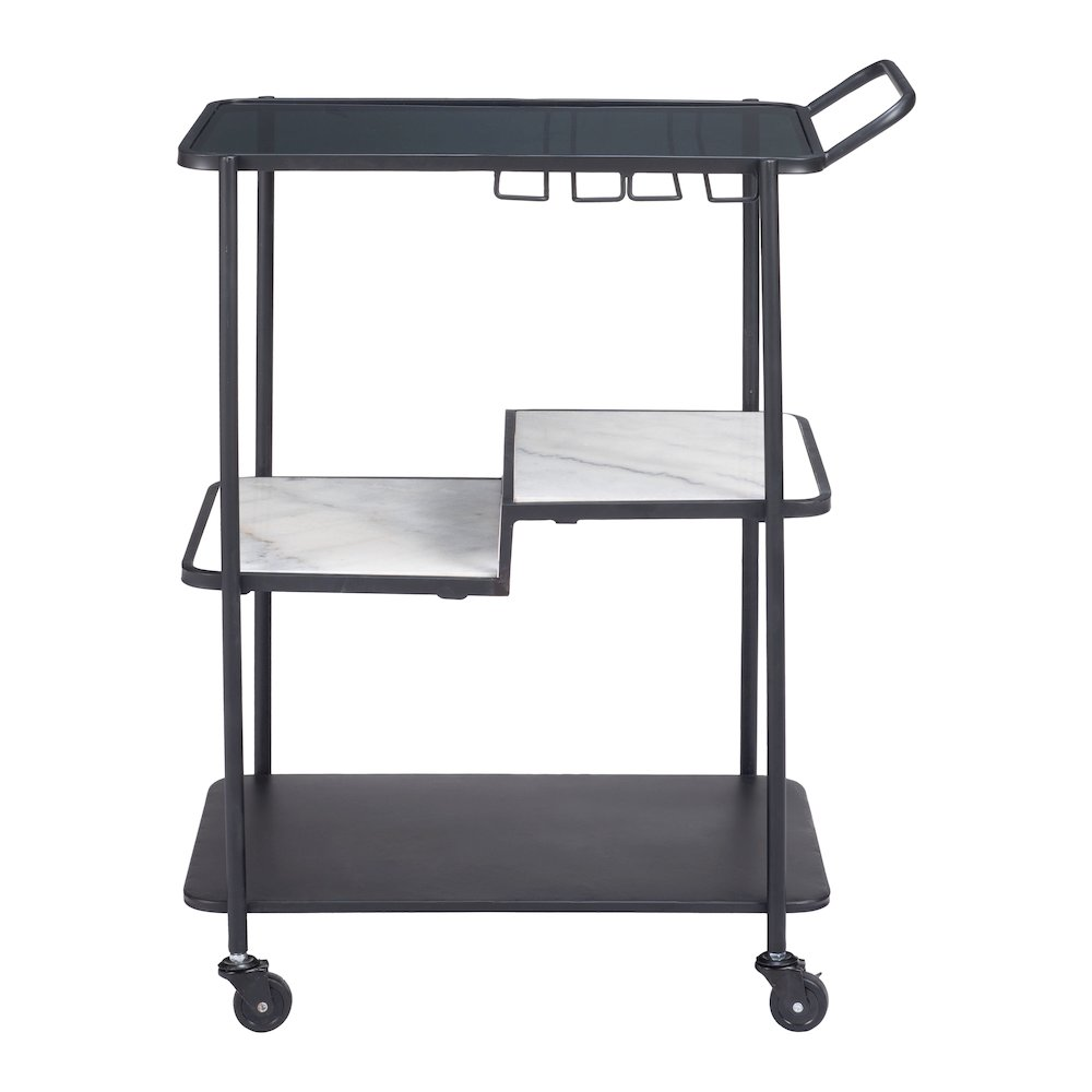 Start2Finish Constanza Black Bar Cart with metal frame and two shelves for stylish beverage and accessory storage.