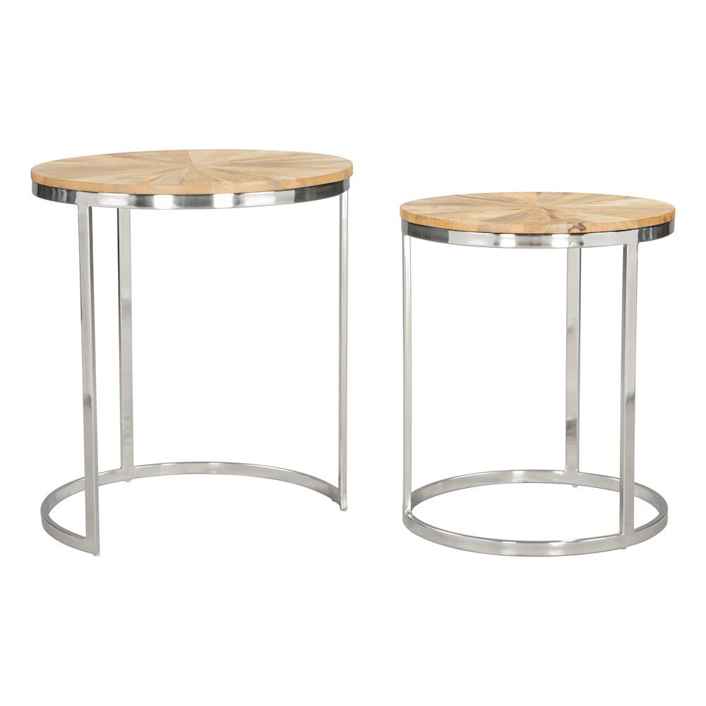 Start2Finish Bari nesting table set with two natural wood-finished tables, featuring sleek, modern furniture design.