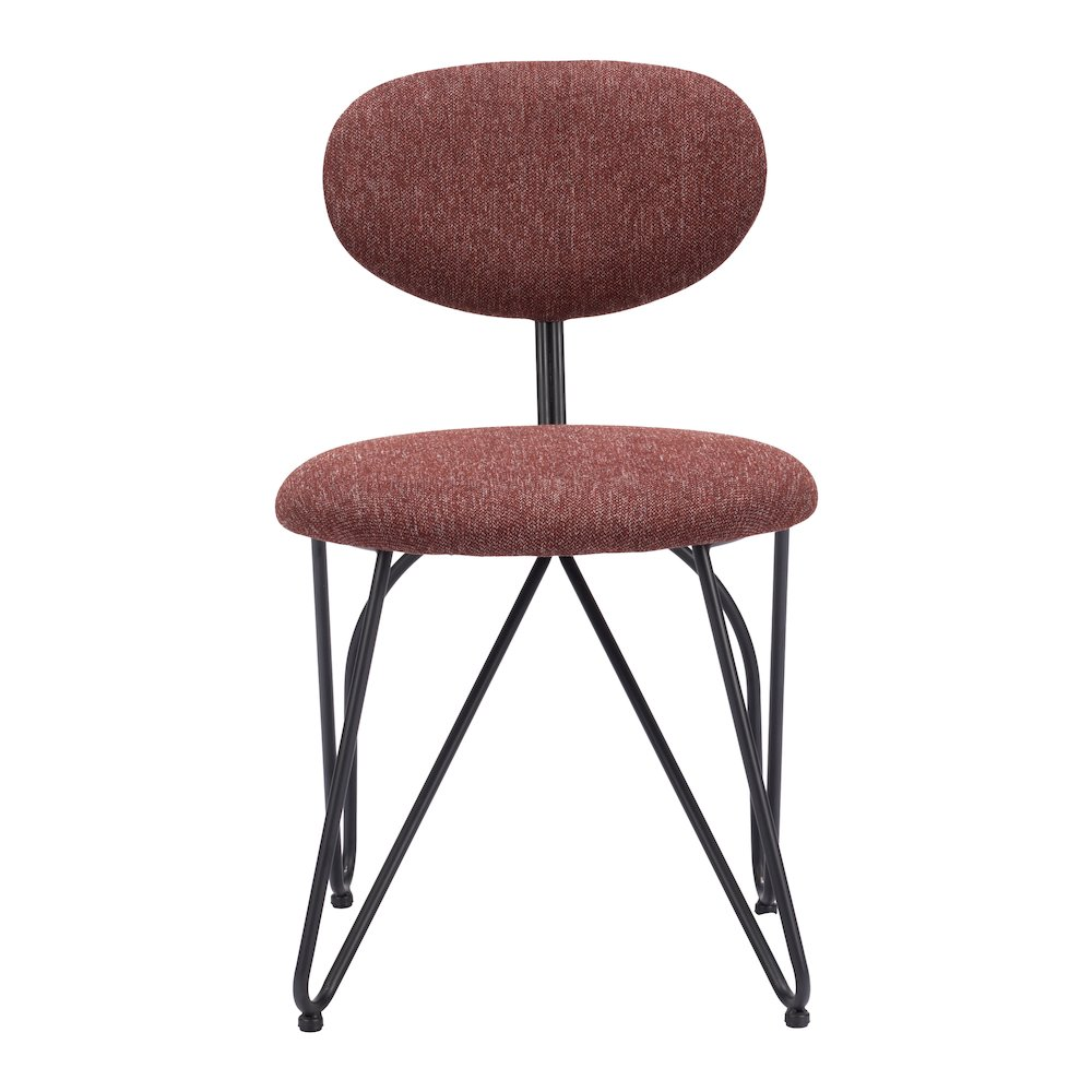 Pair of Novi dining chairs by Start2Finish in maroon brown with cushioned seats and modern wooden legs for dining room furniture.