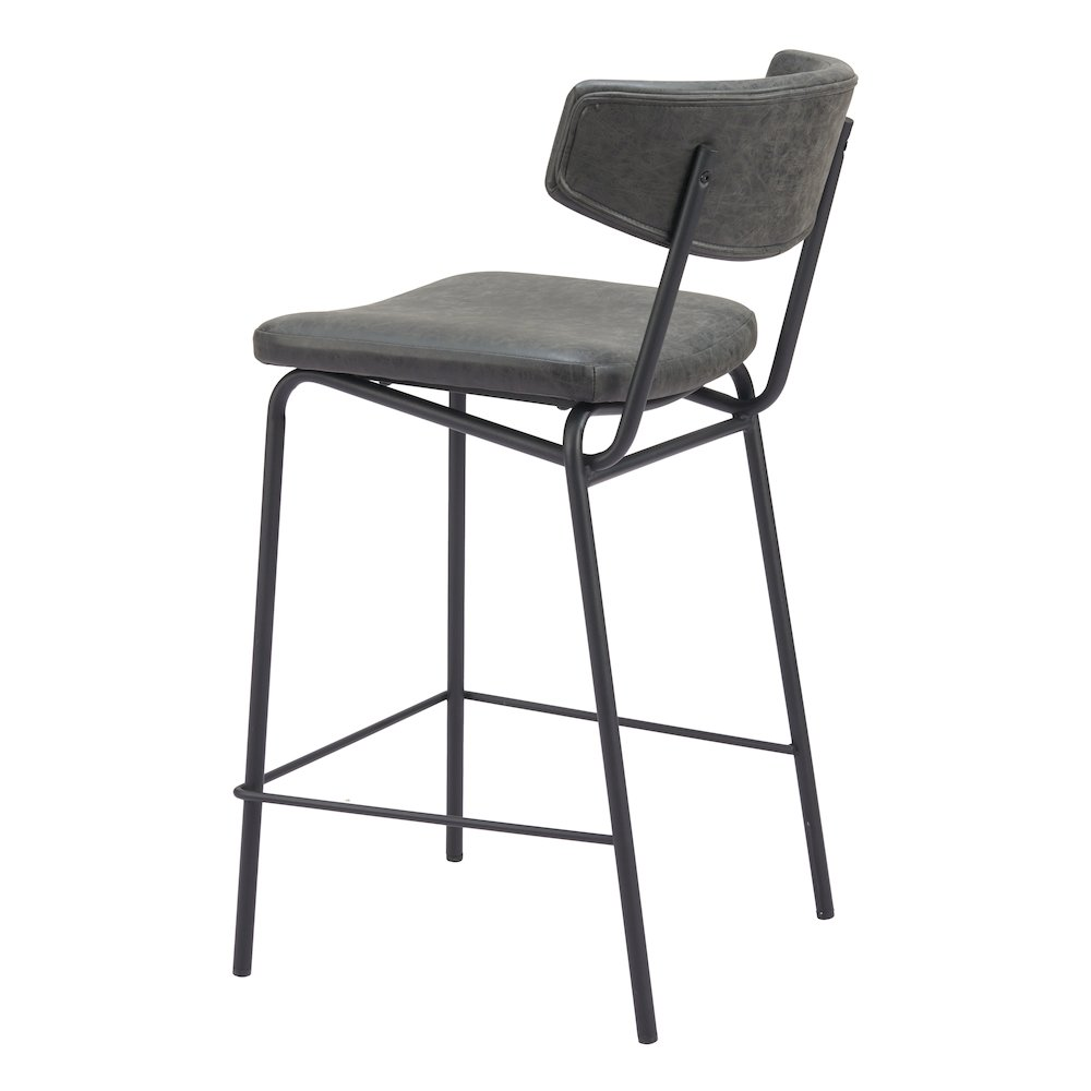 Pair of vintage black Charon counter stools by Start2Finish, featuring metal frames and cushioned seats for modern kitchen or bar use.