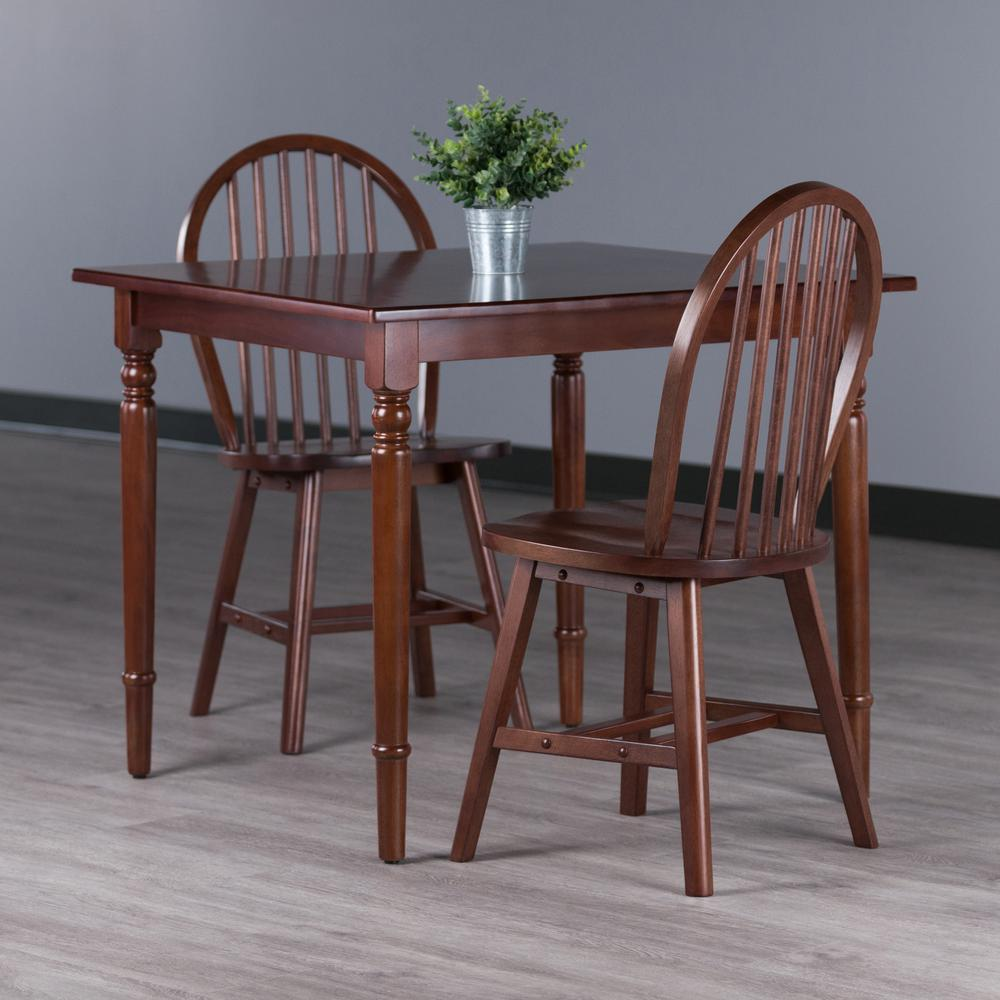 Walnut Mornay 3-piece dining table with Windsor chairs, showcasing a stylish wooden furniture set for dining rooms.