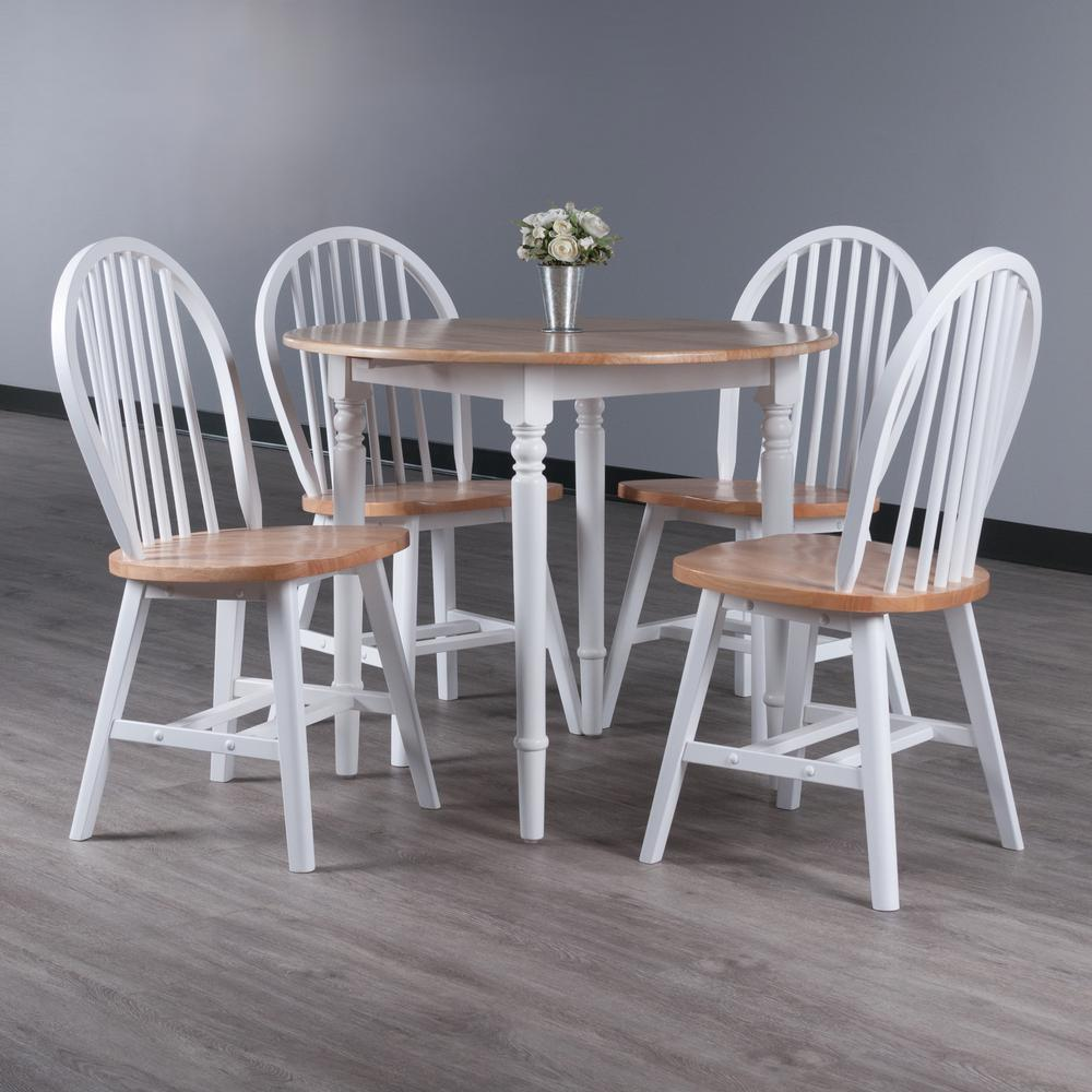 Sorella 5-piece drop leaf dining table with Windsor chairs in natural wood and white finish, showcasing a stylish furniture set.
