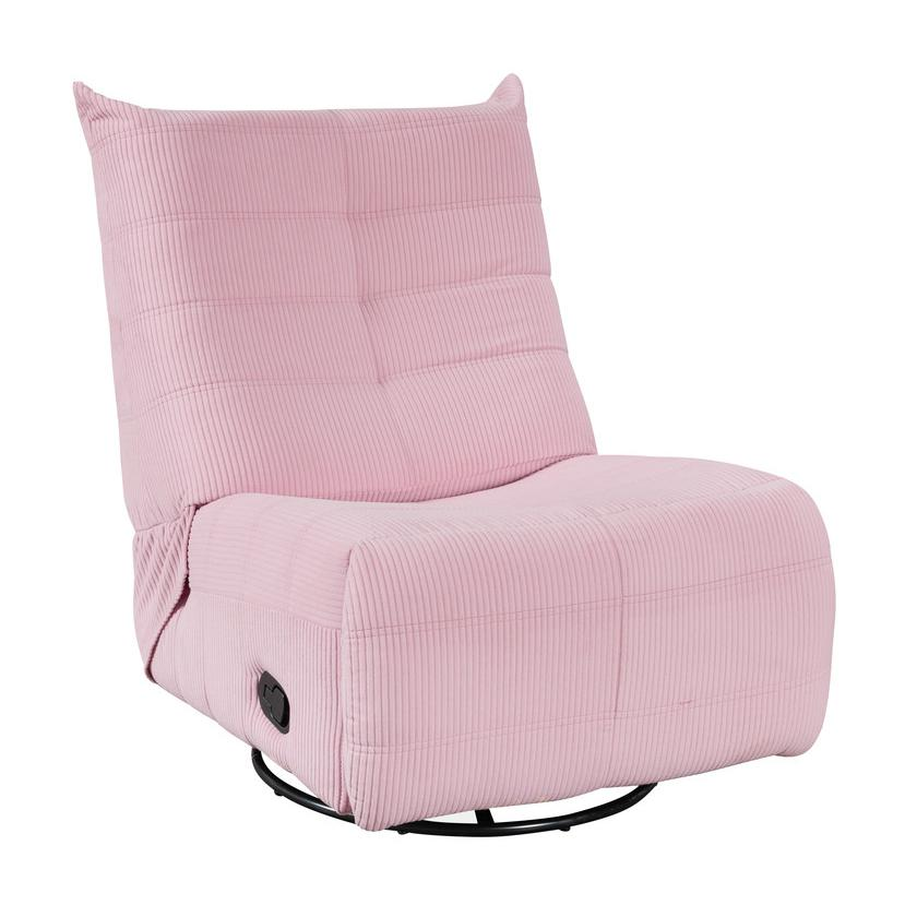 Pink corduroy swivel glider recliner chair by Start2Finish with plush cushioning and a smooth swivel mechanism.