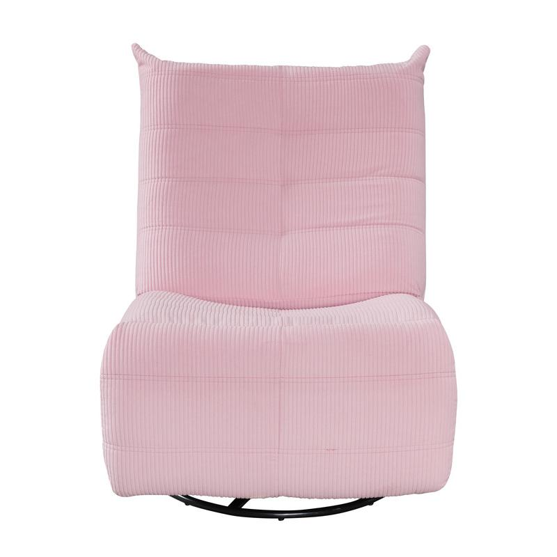 Pink corduroy swivel glider recliner by Start2Finish with plush cushions and wooden base, ideal for comfortable seating.