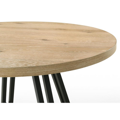 Start2Finish Tate oak finish 47-inch round dining table set with cream upholstered chairs, showcasing a stylish and modern furniture design.