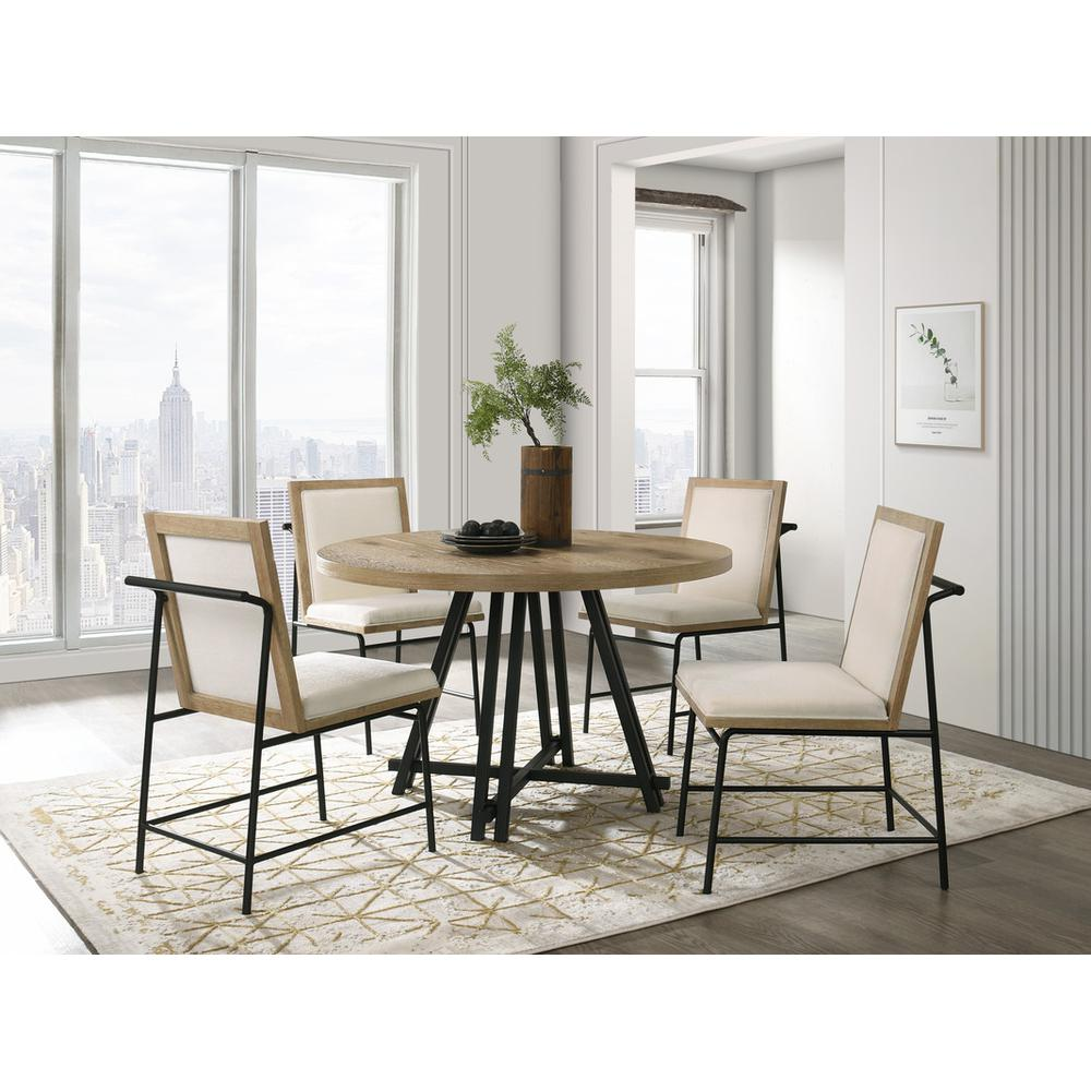 Start2Finish Tate oak finish 47-inch round dining table with cream upholstered chairs, showcasing a stylish furniture set.