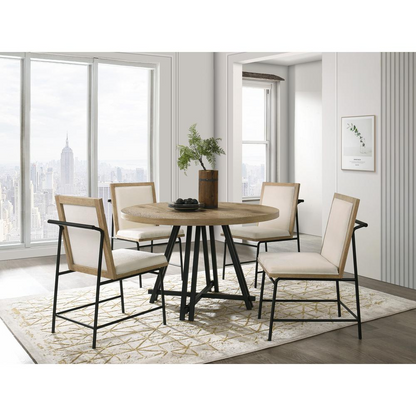 Start2Finish Tate oak finish 47-inch round dining table with cream upholstered chairs, showcasing a stylish furniture set.