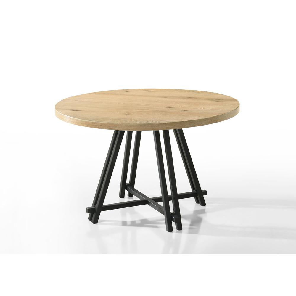 Start2Finish Tate Oak Finish 47-inch round dining table with metal base, showcasing smooth oak surface and stylish metal legs.