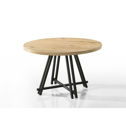 Start2Finish Tate Oak Finish 47-inch round dining table with metal base, showcasing smooth oak surface and stylish metal legs.