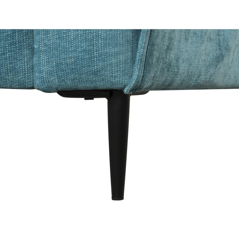 Valentina blue chenille chair with metal legs and a matching throw pillow, stylish furniture piece in a modern living room setting.