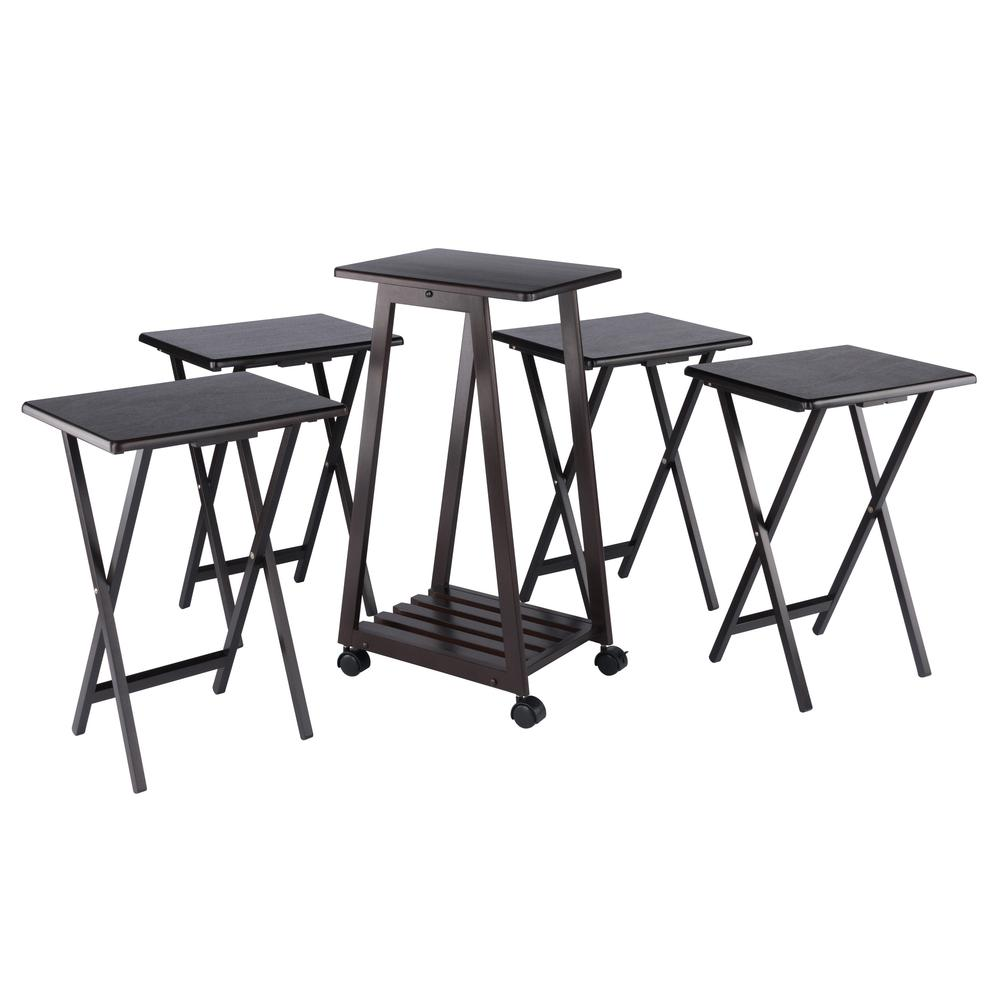 Start2Finish Adriel 5-Pc Snack Table Set in coffee finish with round tabletops and sturdy legs, perfect for casual dining and snacks.