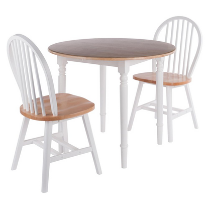 Sorella 3-piece drop leaf dining table with Windsor chairs in natural and white finish, showcasing a stylish furniture set.