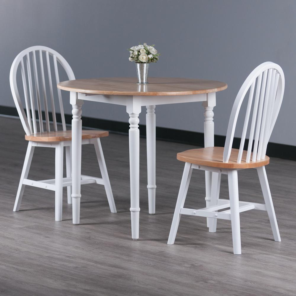 Sorella 3-piece drop leaf dining table with Windsor chairs in natural wood and white finish, showcasing a stylish furniture set.