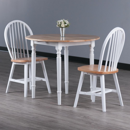 Sorella 3-piece drop leaf dining table with Windsor chairs in natural wood and white finish, showcasing a stylish furniture set.