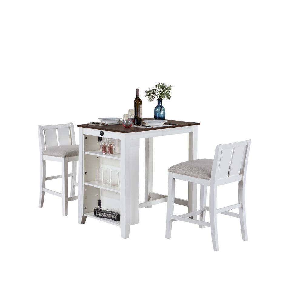 Start2Finish 3-piece white small space counter height dining table with shelves, compact furniture for kitchen or dining area.